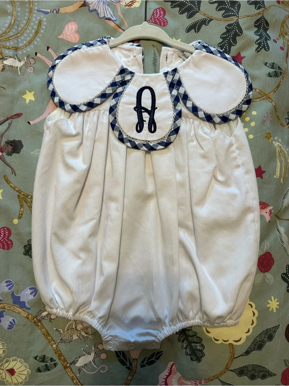 White 18M Bubble Romper with Navy Gingham Trim and Navy ‘A’ Monogram